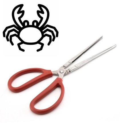 Crab Tongs Stainless Steel 53cm Curved Clip For Seafood Handling - stainless steel tongs with red PP handles, serrated curved jaws for gripping crabs