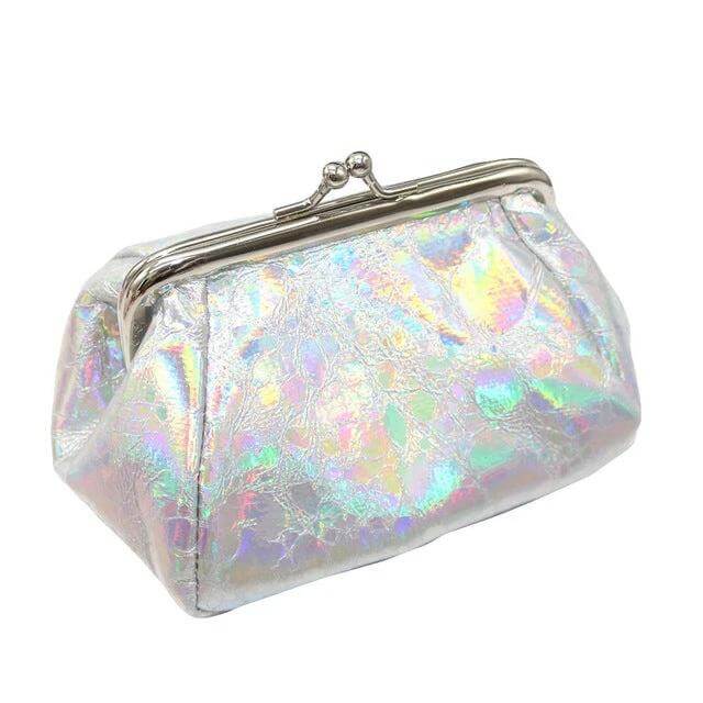 Creative Large Capacity Coin Purse And Cosmetic Bag in iridescent laser cloth with metal kiss-lock, large capacity for coins cards cash and small cosmetics
