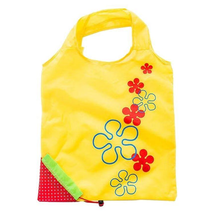 Creative Strawberry Reusable Folding Grocery Bag for Everyday Shopping — Yellow nylon foldable bag with floral print, folds into small strawberry pouch, 51×37 cm, holds up to 20 kg