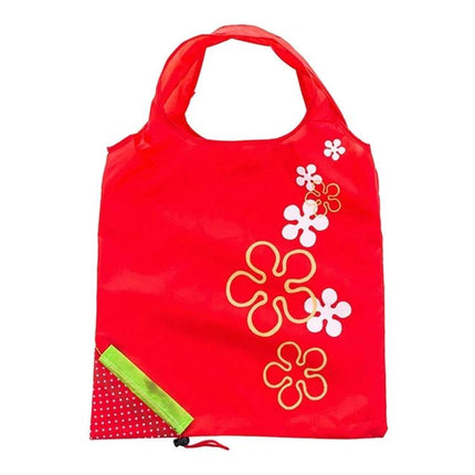 Creative Strawberry Reusable Folding Grocery Bag for Everyday Shopping - Red nylon foldable grocery bag with playful strawberry motif and flower accents, folds into small strawberry