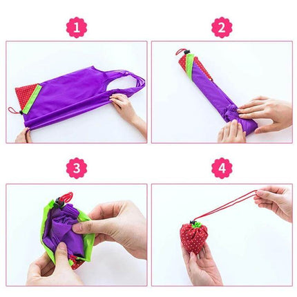 Creative Strawberry Reusable Folding Grocery Bag for Everyday Shopping showing step-by-step folding into small strawberry for compact storage