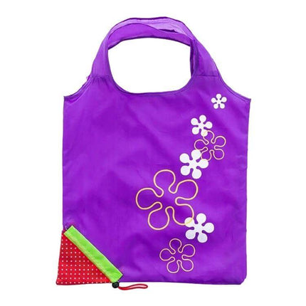 Creative Strawberry Reusable Folding Grocery Bag for Everyday Shopping - purple nylon foldable shopper with white flower print, folds into small strawberry pouch
