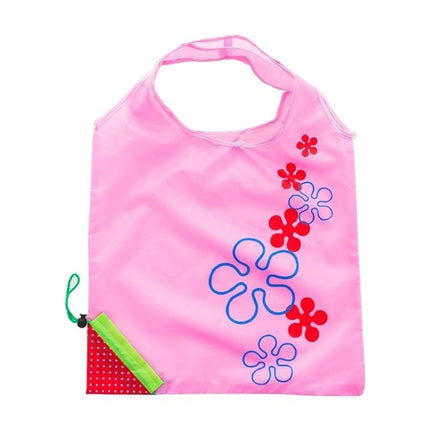 Creative Strawberry Reusable Folding Grocery Bag for Everyday Shopping pink nylon bag with strawberry foldable pouch and floral print, holds up to 20 kg