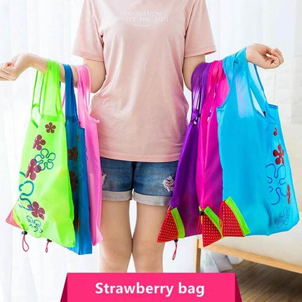 Creative Strawberry Reusable Folding Grocery Bag for Everyday Shopping - Nylon strawberry-print folding tote, holds up to 20 kg, folds into compact strawberry