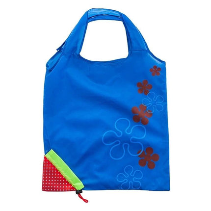 Creative Strawberry Reusable Folding Grocery Bag for Everyday Shopping - blue nylon foldable market bag with strawberry pouch and floral print, holds up to 20 kg