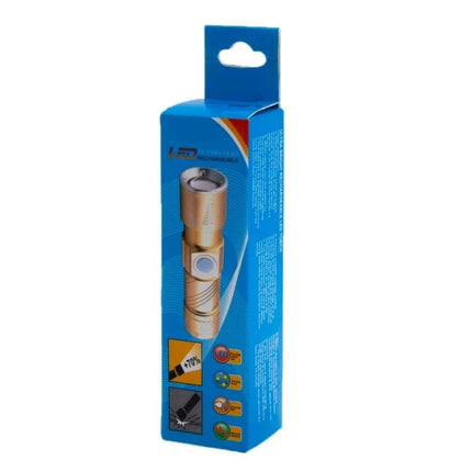 Cree LED Flashlight Three Mode For Everyday Outdoor Use - compact gold LED torch in blue retail packaging, High Low Strobe modes