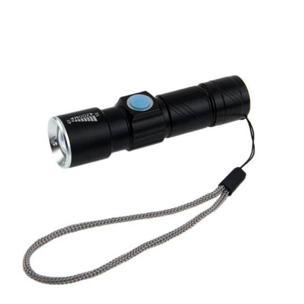 Cree LED Flashlight Three Mode For Everyday Outdoor Use compact black handheld torch with wrist strap, blue mode button and adjustable beam