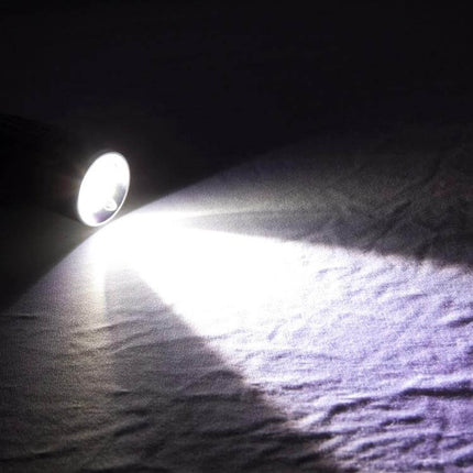 Cree LED Flashlight Three Mode For Everyday Outdoor Use shining bright beam on fabric, demonstrating High Low Strobe modes for camping and repairs