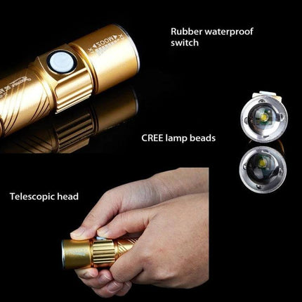 Cree LED Flashlight Three Mode For Everyday Outdoor Use - gold compact torch with rubber waterproof switch, CREE lamp beads and telescopic head