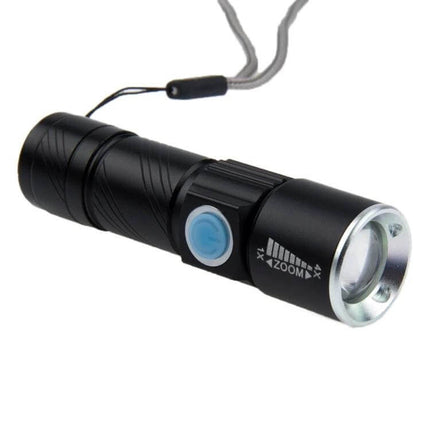 Cree LED Flashlight Three Mode For Everyday Outdoor Use - compact black zoomable flashlight with wrist strap and blue mode button
