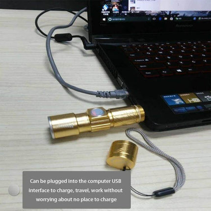 Cree LED Flashlight Three Mode For Everyday Outdoor Use — compact rechargeable gold flashlight charging via laptop USB, high/low/strobe modes