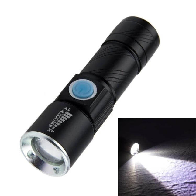 Cree LED Flashlight Three Mode For Everyday Outdoor Use compact black torch with High Low Strobe modes shown beam