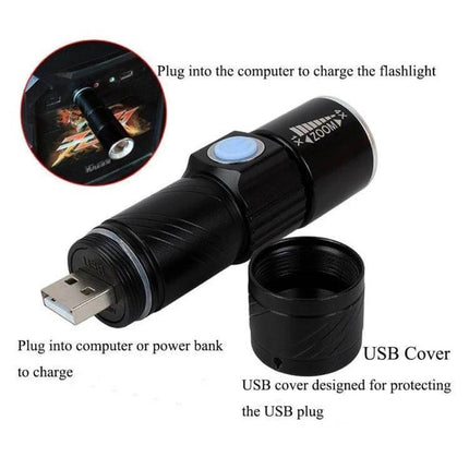 Cree LED Flashlight Three Mode For Everyday Outdoor Use - compact rechargeable USB flashlight with High Low Strobe modes, USB plug and protective cap