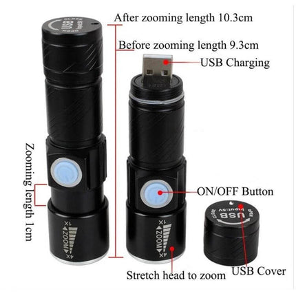 Cree LED Flashlight Three Mode For Everyday Outdoor Use - compact USB-rechargeable zoomable flashlight showing ON/OFF button, USB charging plug, and zoom lengths