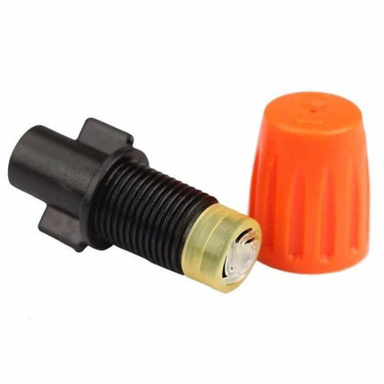 Cross Five-Outlet Spray Nozzle 2-Pack for Garden Watering shown as black threaded nozzle with orange cap, corrosion-resistant engineering plastic, 2-pack irrigation accessory