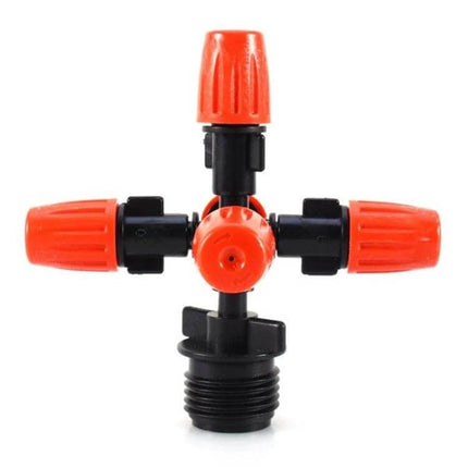 Cross Five-Outlet Spray Nozzle 2-Pack for Garden Watering - red and black corrosion‑resistant 5-outlet hose nozzle for even atomized irrigation
