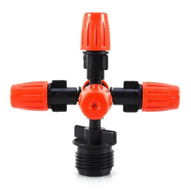 Cross Five-Outlet Spray Nozzle 2-Pack for Garden Watering - red and black corrosion‑resistant 5-outlet hose nozzle for even atomized irrigation