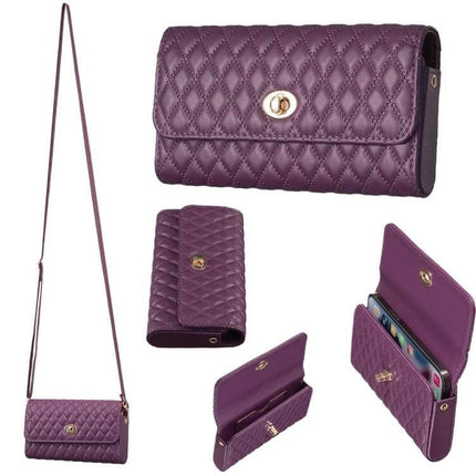 Crossbody PU Horizontal Bag for Large Capacity Everyday Essentials - Quilted purple PU leather crossbody with gold clasp, phone and wallet pockets