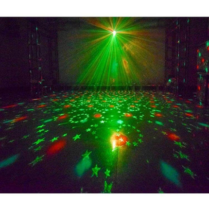 Crystal Magic Ball Laser Lights For Home Ambience And Parties projecting rotating red and green star and beam patterns across a dark room floor and ceiling