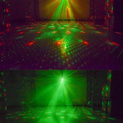 Crystal Magic Ball Laser Lights For Home Ambience And Parties projecting rotating red and green laser patterns across a dark room