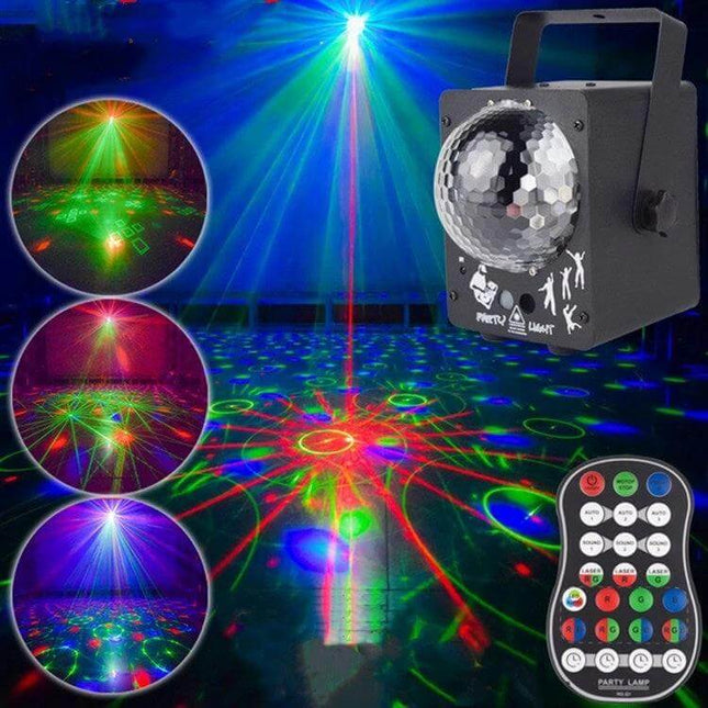 Crystal Magic Ball Laser Lights For Home Ambience And Parties projecting rotating red and green laser patterns with compact disco unit and remote
