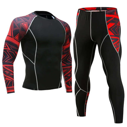 Sportswear Milk Silk Quick-Dry Running Suit For Everyday Use - Black compression top and leggings with red patterned sleeves and panels