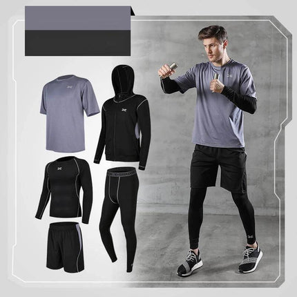 Running quick-drying basketball sports suit five-piece training suit Male model wearing grey quick-dry tee, black hoodie, compression top, leggings and shorts for running and fitness