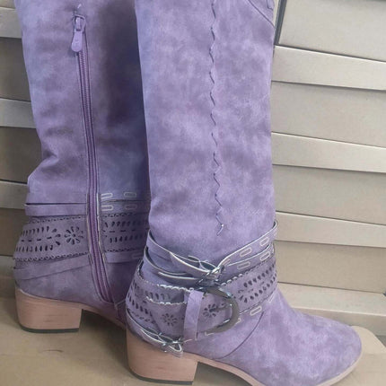 Women's Martin Style Suede High Shaft Boots Black For Everyday Wear - purple suede mid-calf Martin boots with metal tube trim and riding-inspired silhouette