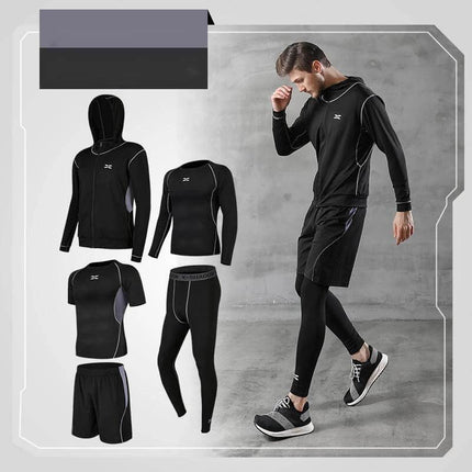 Running quick-drying basketball sports suit five-piece training suit Black men’s five-piece athletic set for running, cycling, fitness