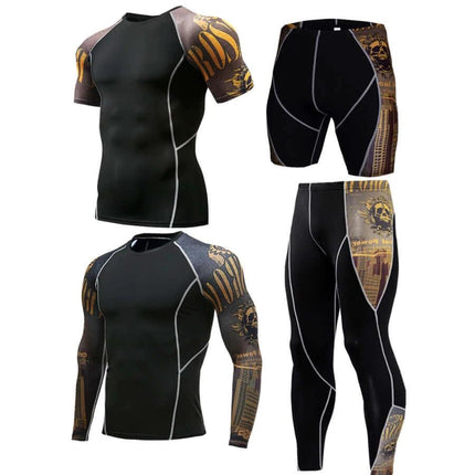 Sportswear Milk Silk Quick-Dry Running Suit For Everyday Use - Black compression top and shorts set with gold patterned sleeves and tights