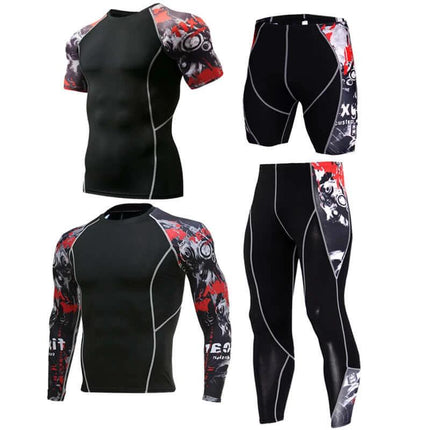 Sportswear Milk Silk Quick-Dry Running Suit For Everyday Use - Black compression set with red graphic sleeves and matching shorts and tights