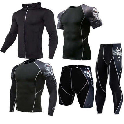 Sportswear Milk Silk Quick-Dry Running Suit For Everyday Use - Black men’s set with hoodie, short sleeve top, long sleeve top, shorts and leggings
