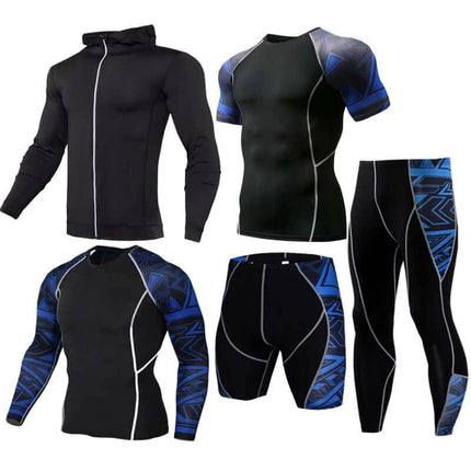 Sportswear Milk Silk Quick-Dry Running Suit For Everyday Use - black and blue men’s compression set with hoodie, short sleeve, long sleeve, shorts, and tights