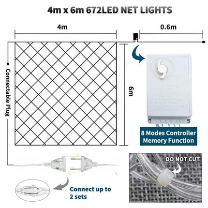 Curtain Net Lights For Outdoor Decor 4x6m 672 LEDs EU Plug - 4x6m 672 LED net lights with 8-mode controller, IP44 outdoor-ready, connectable up to 2 sets