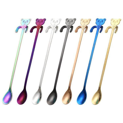 Cute Bear Spoon Long Handle, Blue For Coffee And Tea - 20cm stainless steel long-handled blue bear spoon with hanging bear hands for mugs