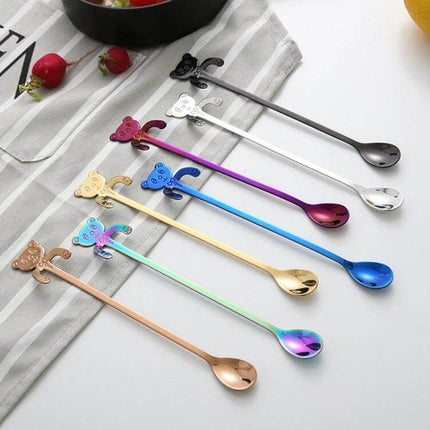 Cute Bear Spoon Long Handle, Blue For Coffee And Tea - 20cm stainless steel long-handled blue bear spoon with hanging bear hands for tall mugs