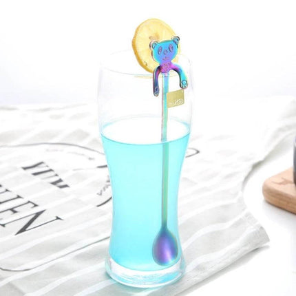 Cute Bear Spoon Long Handle, Blue For Coffee And Tea - 20cm stainless steel long-handle bear spoon with hanging hands, blue iridescent finish