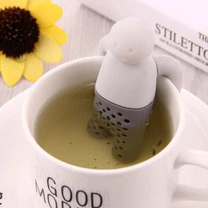 Cute Mr Tea Infuser Compact Silicone Tea Strainer For Everyday Tea - gray silicone hanging tea infuser in white mug