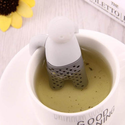 Cute Mr Tea Infuser Compact Silicone Tea Strainer For Everyday Tea - gray silicone tea infuser steeping in cup