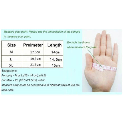 Cycling Gel-Padded Anti-Slip Half-Finger Gloves For Fitness size chart and measuring guide showing palm perimeter and length with tape measure