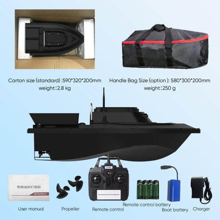 D12C Fishing Bait Boat Remote Control For Easy Bait Delivery - black RC bait boat with remote, dual bait bins, propellers, batteries and carry bag