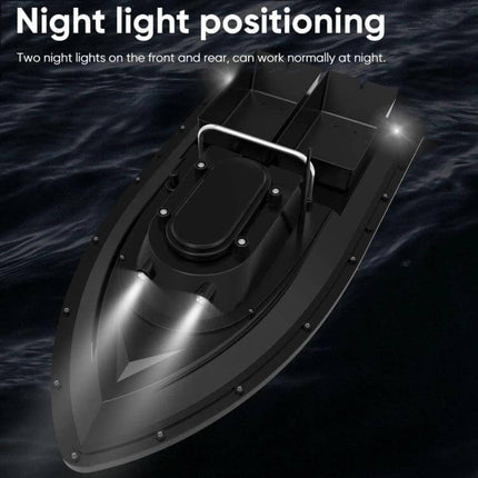 D12C Fishing Bait Boat Remote Control For Easy Bait Delivery - black bait boat with night lights front and rear, dual bait bins visible, 500m range