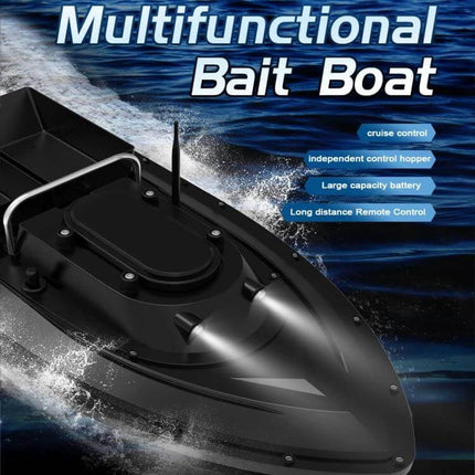 D12C Fishing Bait Boat Remote Control For Easy Bait Delivery black streamlined hull with dual bait bins cruising on water