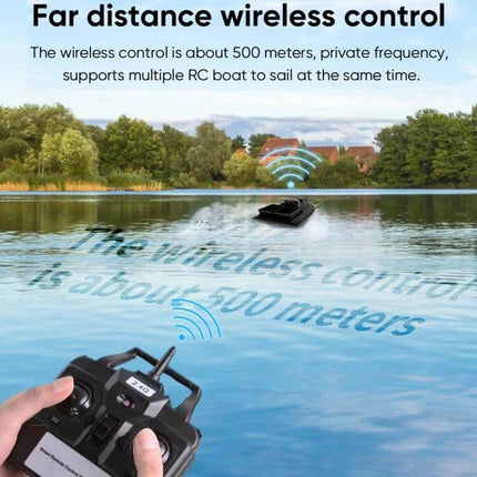 D12C Fishing Bait Boat Remote Control For Easy Bait Delivery showing 500m range with remote and boat on lake