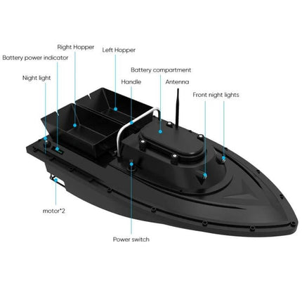 D12C Fishing Bait Boat Remote Control For Easy Bait Delivery with dual hoppers, antenna, front lights and labeled components for precise bait placement