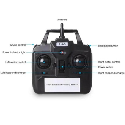 D12C Fishing Bait Boat Remote Control For Easy Bait Delivery - 2.4G remote with dual motor sticks, cruise control, hopper discharge and boat light button
