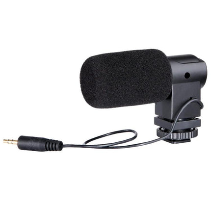 Boya Microphone for Everyday Video Recording on Devices compact stereo mic on camera with windscreen and 3.5mm plug