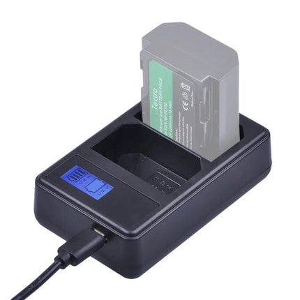 Portable USB Battery Charger for Sony NP-FZ100 Cameras showing battery inserted and USB cable connected for travel and location shooting