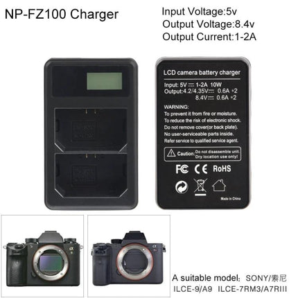 Portable USB Battery Charger for Sony NP-FZ100 Cameras dual-slot USB charger with LCD display for travel and location photography