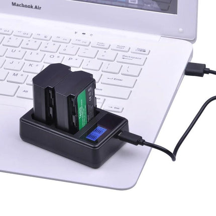 Portable USB Battery Charger for Sony NP-FZ100 Cameras charging two NP-FZ100 batteries from a laptop USB port, compact dual-slot charger